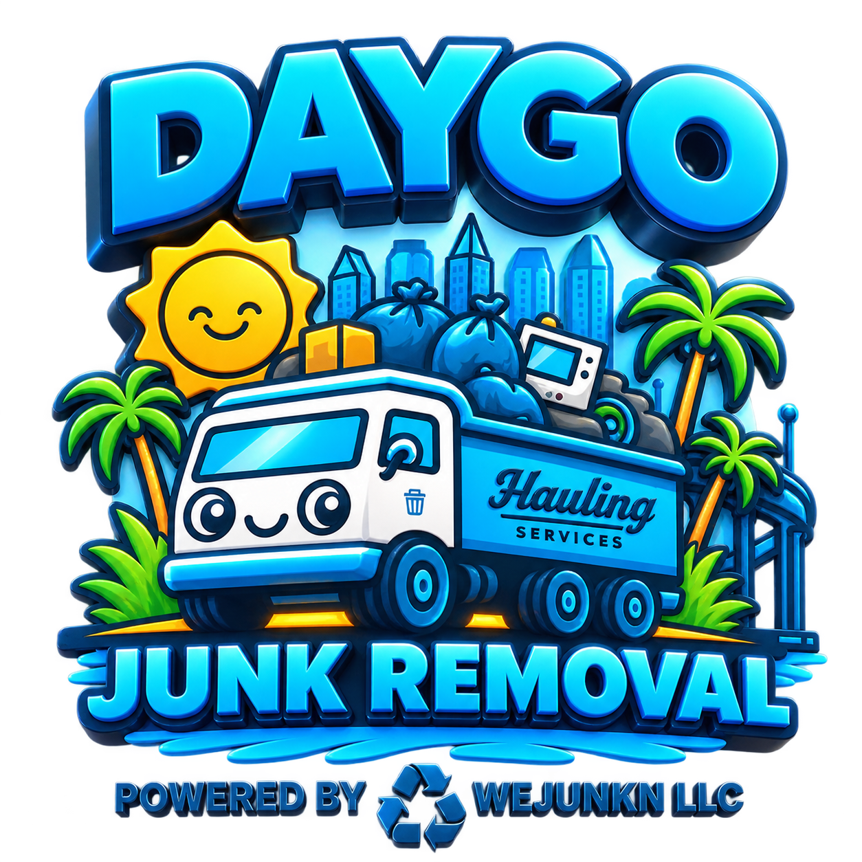 Daygo Junk Removal — 3D logo with truck, sun, skyline and palm trees